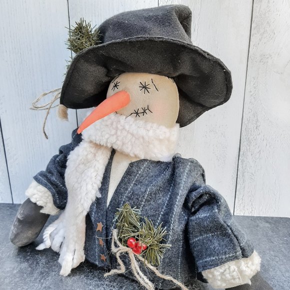 HANDMADE Primitive Country Snowman Wool Coat Stuffed Doll Christmas Decor - Picture 5 of 8